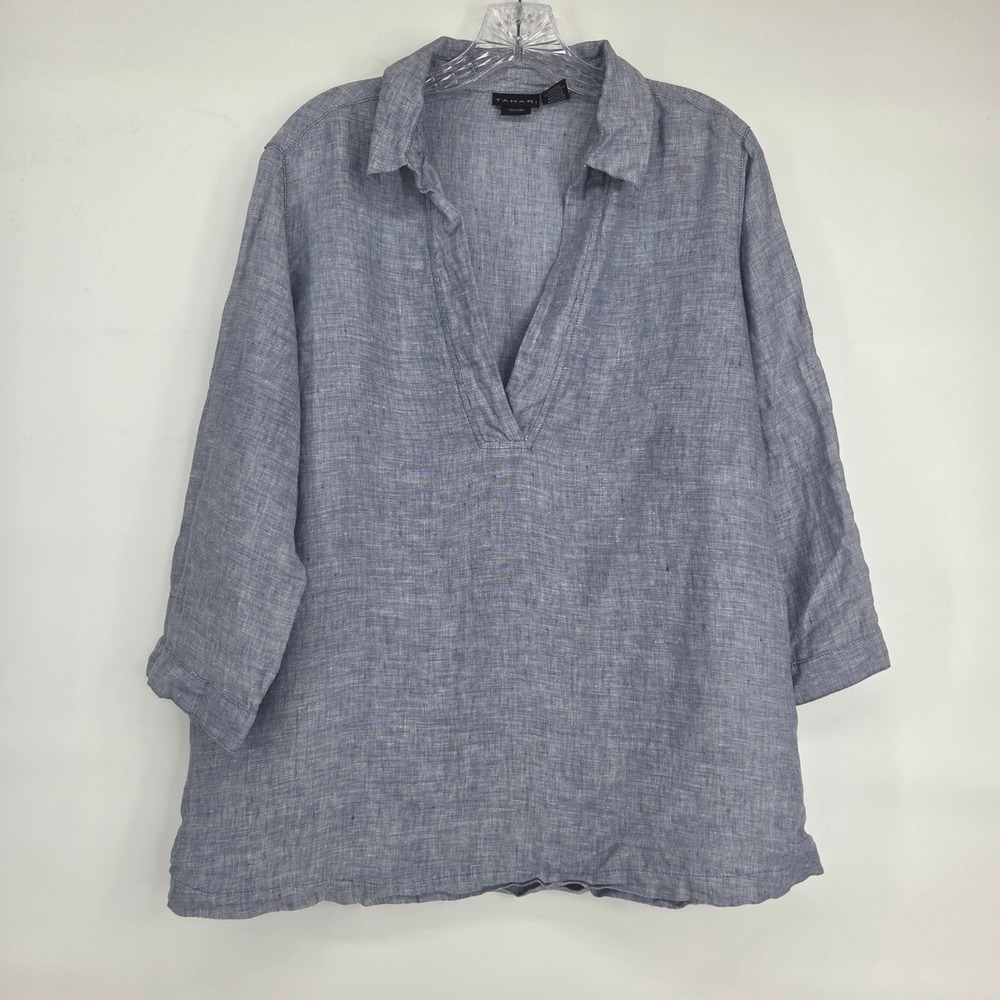 Tahari Linen Tunic Blouse L Blue V-Neck 3/4 Sleeve Coastal Grandma Lagenlook